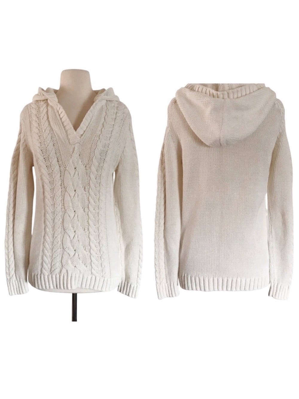 TOMMY BAHAMA Chunky Cable Knit V-neck Hooded Sweater M Cream